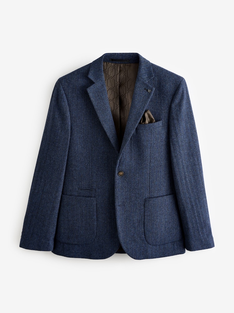 Blue Slim Fit Wool Rich Herringbone Blazer - Image 7 of 11