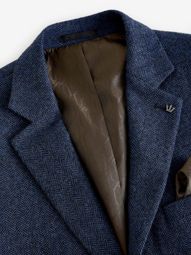Blue Slim Fit Wool Rich Herringbone Blazer - Image 9 of 11