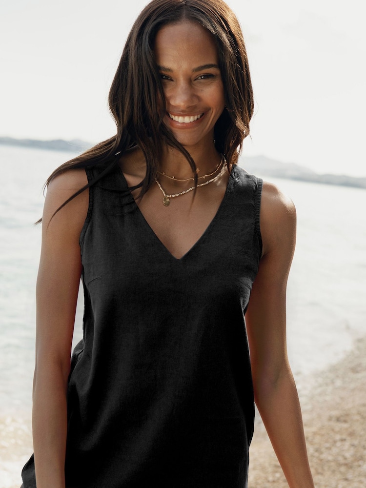 Threadbare Black Linen Blend V-Neck Shift Dress - Image 4 of 4