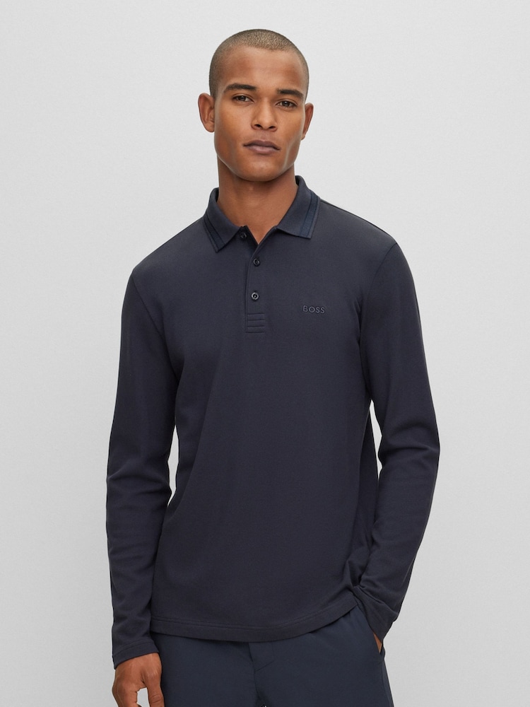 BOSS Dark Blue Plisy Collar Detail Long Sleeve Polo Shirt - Image 1 of 7