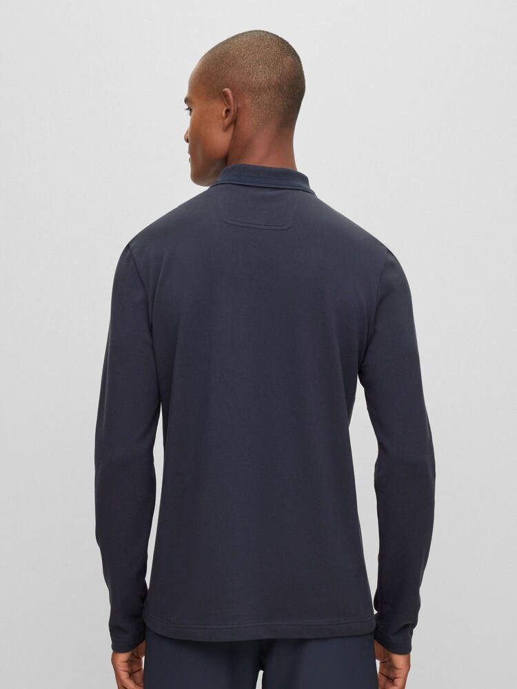 BOSS Dark Blue Plisy Collar Detail Long Sleeve Polo Shirt - Image 2 of 7