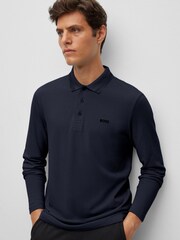 BOSS Dark Blue Plisy Collar Detail Long Sleeve Polo Shirt - Image 3 of 7