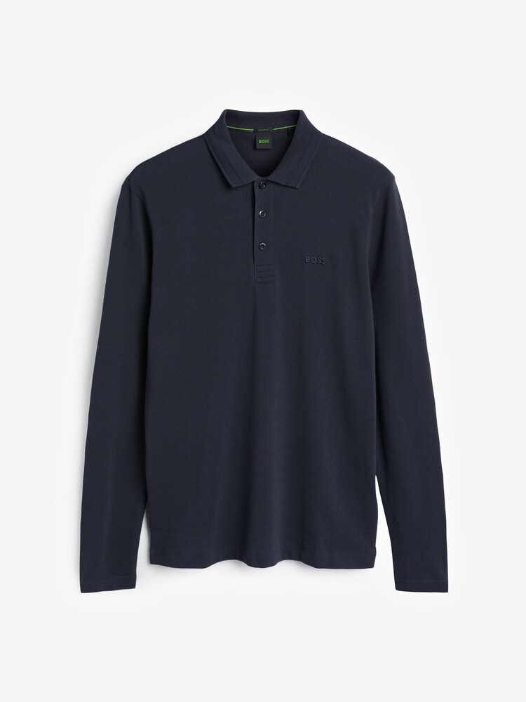 BOSS Dark Blue Plisy Collar Detail Long Sleeve Polo Shirt - Image 7 of 7