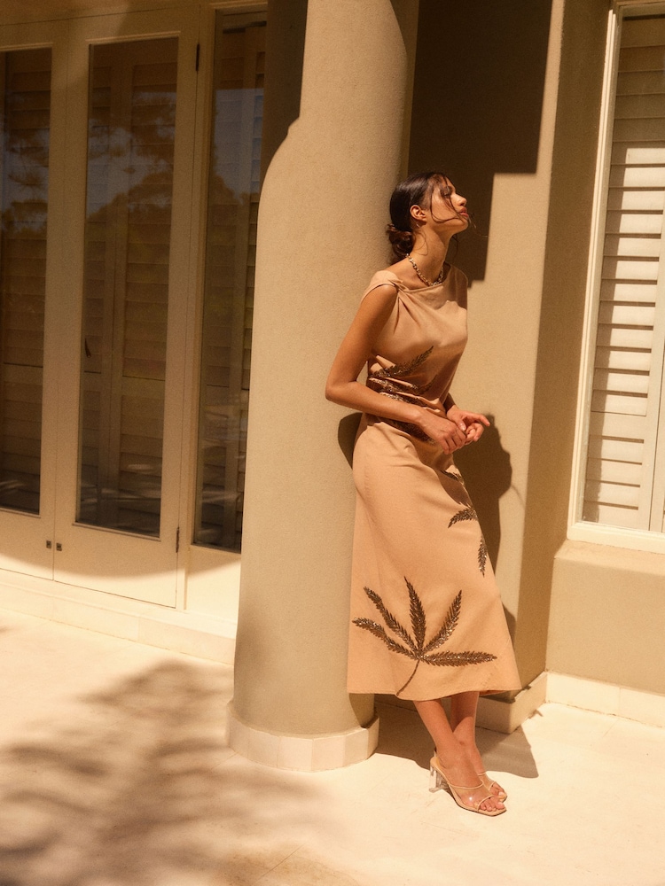 Neutral/Tan Palm Sleeveless Column Embellished Midi Dress - Image 2 of 8