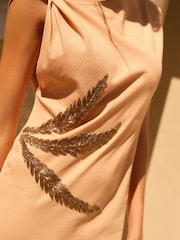 Neutral/Tan Palm Sleeveless Column Embellished Midi Dress - Image 4 of 8
