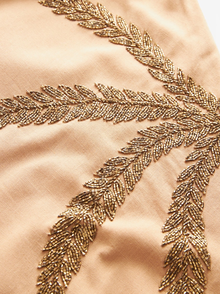 Neutral/Tan Palm Sleeveless Column Embellished Midi Dress - Image 8 of 8