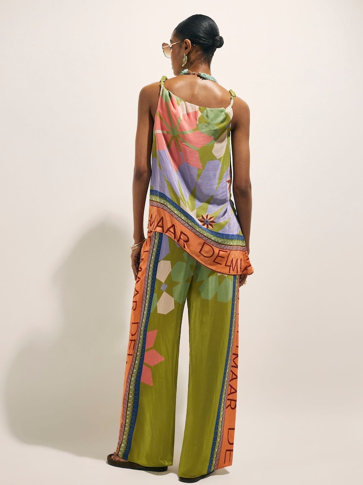 River Island Green Del Maar Drawstring Printed Wide Leg Trousers - Image 4 of 4 River Island Green Del Maar Drawstring Printed Wide Leg Trousers - Image 4 of 4