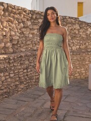 Khaki Green 100% Cotton Bandeau Jersey Embroidered Hem Summer Dress - Image 2 of 7