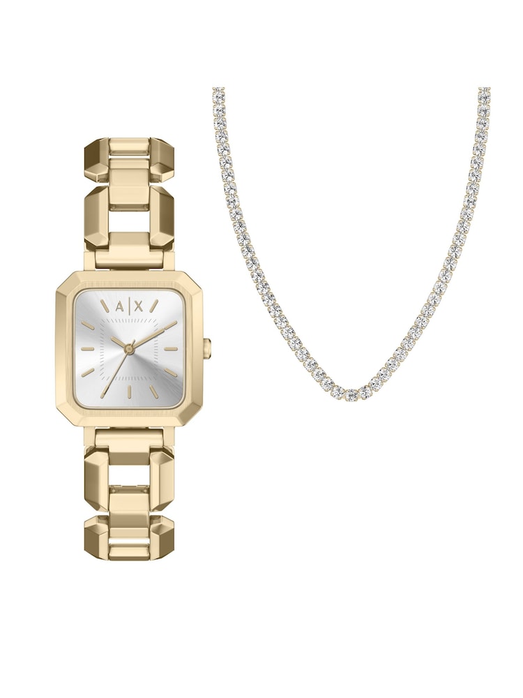 Armani Exchange Gold Three Hand Stainless Steel Watch and Necklace Set - Image 1 of 9 Armani Exchange Gold Three Hand Stainless Steel Watch and Necklace Set - Image 1 of 9