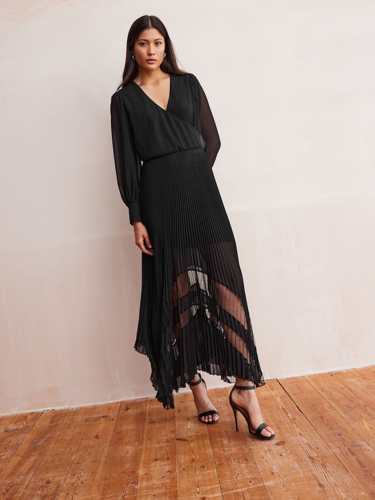 Black Wrap Front Sheer Skirt Midi Dress - Image 1 of 8