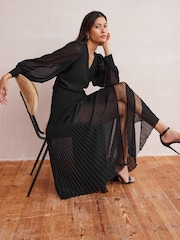 Black Wrap Front Sheer Skirt Midi Dress - Image 3 of 8