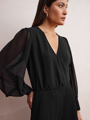 Black Wrap Front Sheer Skirt Midi Dress - Image 5 of 8