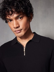 Black Regular Fit Knitted Bubble Textured 100% Cotton Polo Shirt - Image 1 of 8