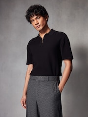 Black Regular Fit Knitted Bubble Textured 100% Cotton Polo Shirt - Image 2 of 8