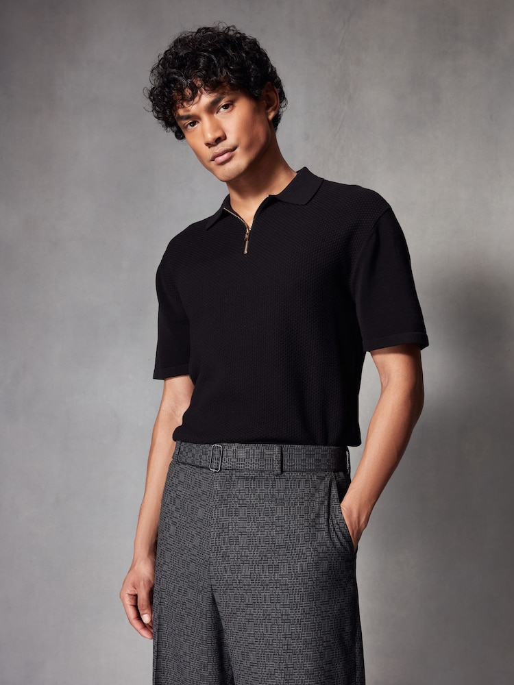 Black Regular Fit Knitted Bubble Textured 100% Cotton Polo Shirt - Image 2 of 8