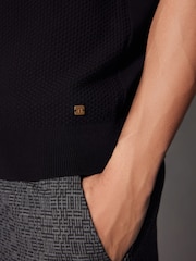 Black Regular Fit Knitted Bubble Textured 100% Cotton Polo Shirt - Image 5 of 8