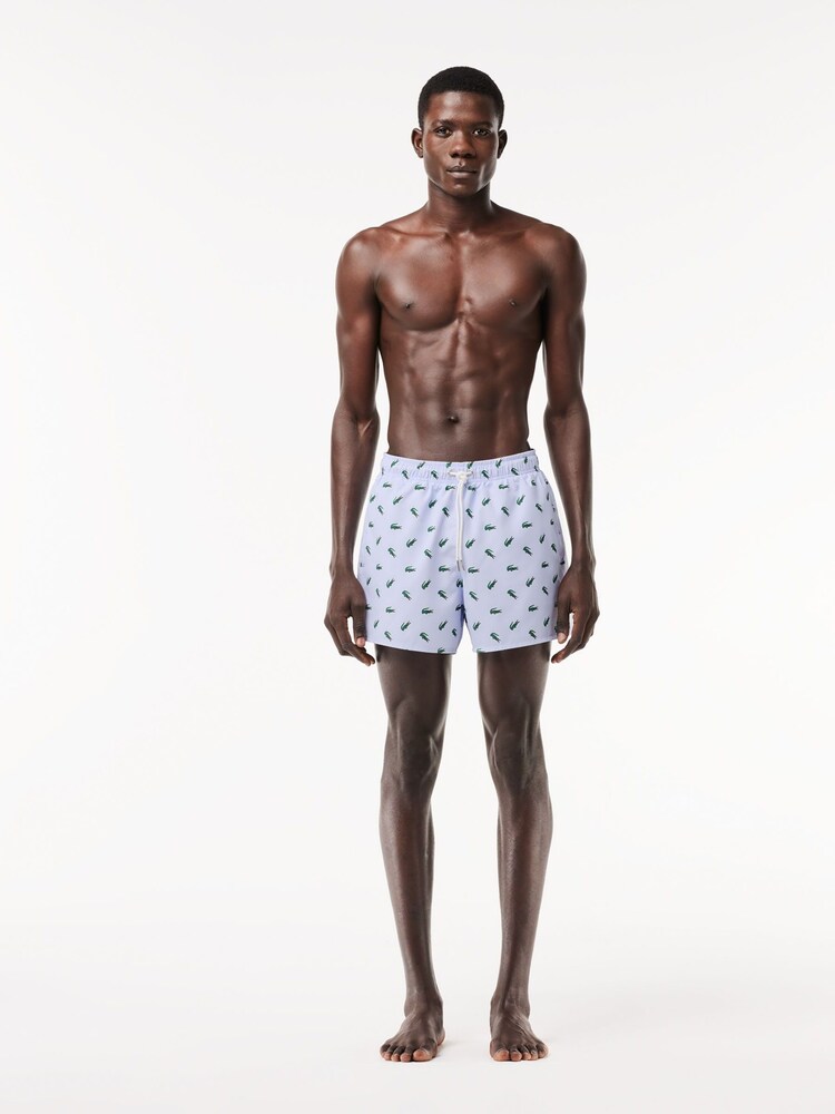 Lacoste White/Blue Crocodile Print Swim Trunks - Image 1 of 4