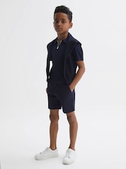 Reiss Navy Ubud Senior Half-Zip Textured Polo T-Shirt - Image 1 of 6