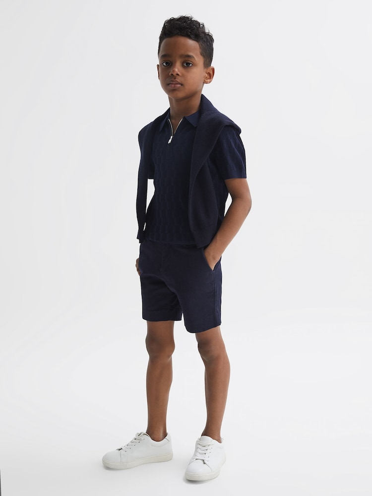 Reiss Navy Ubud Senior Half-Zip Textured Polo T-Shirt - Image 1 of 6