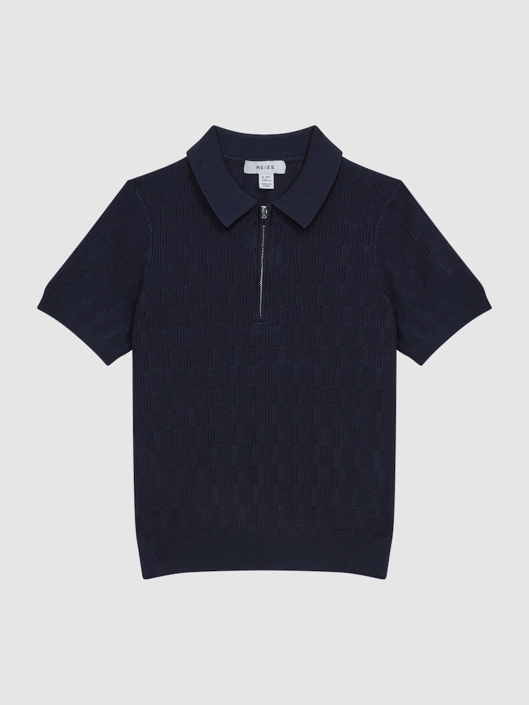 Reiss Navy Ubud Senior Half-Zip Textured Polo T-Shirt - Image 2 of 6