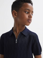 Reiss Navy Ubud Senior Half-Zip Textured Polo T-Shirt - Image 4 of 6