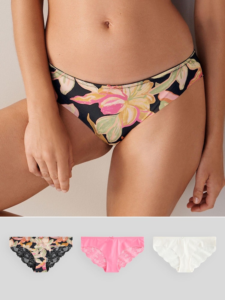 Schwarz geblümt/Rosa/Creme - Nahtlose Slips mit Spitzenrückseite im 3er-Pack - Bild 1 von 5 Schwarz geblümt/Rosa/Creme - Nahtlose Slips mit Spitzenrückseite im 3er-Pack - Bild 1 von 5