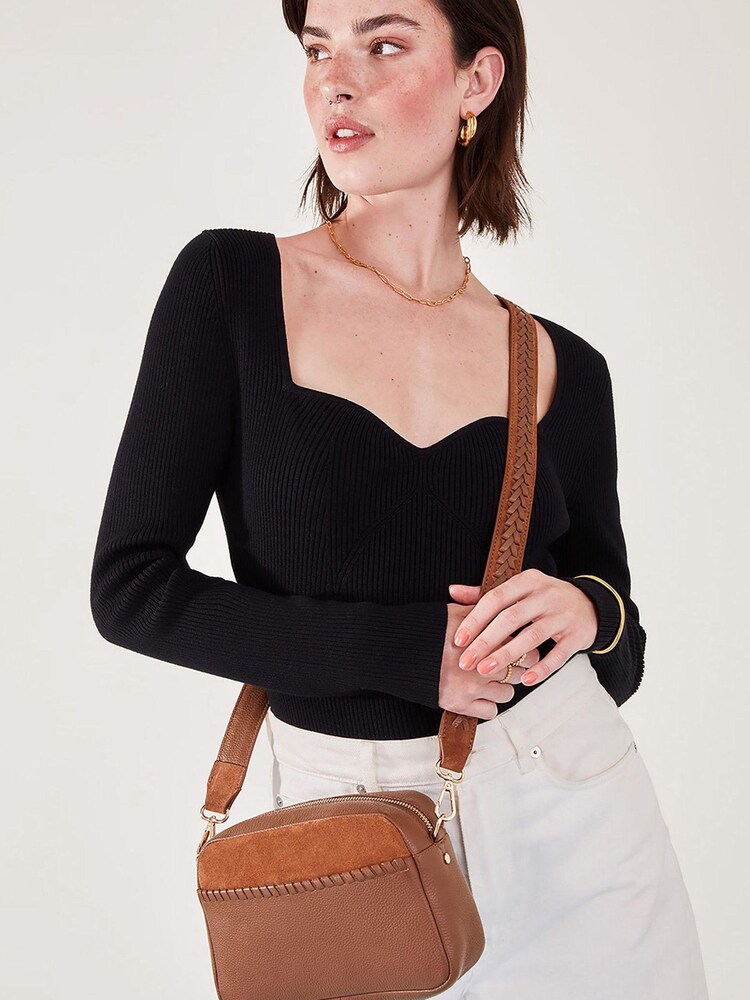 Accessorize Brown Leather Stitch Detail Camera Bag - Image 4 of 4