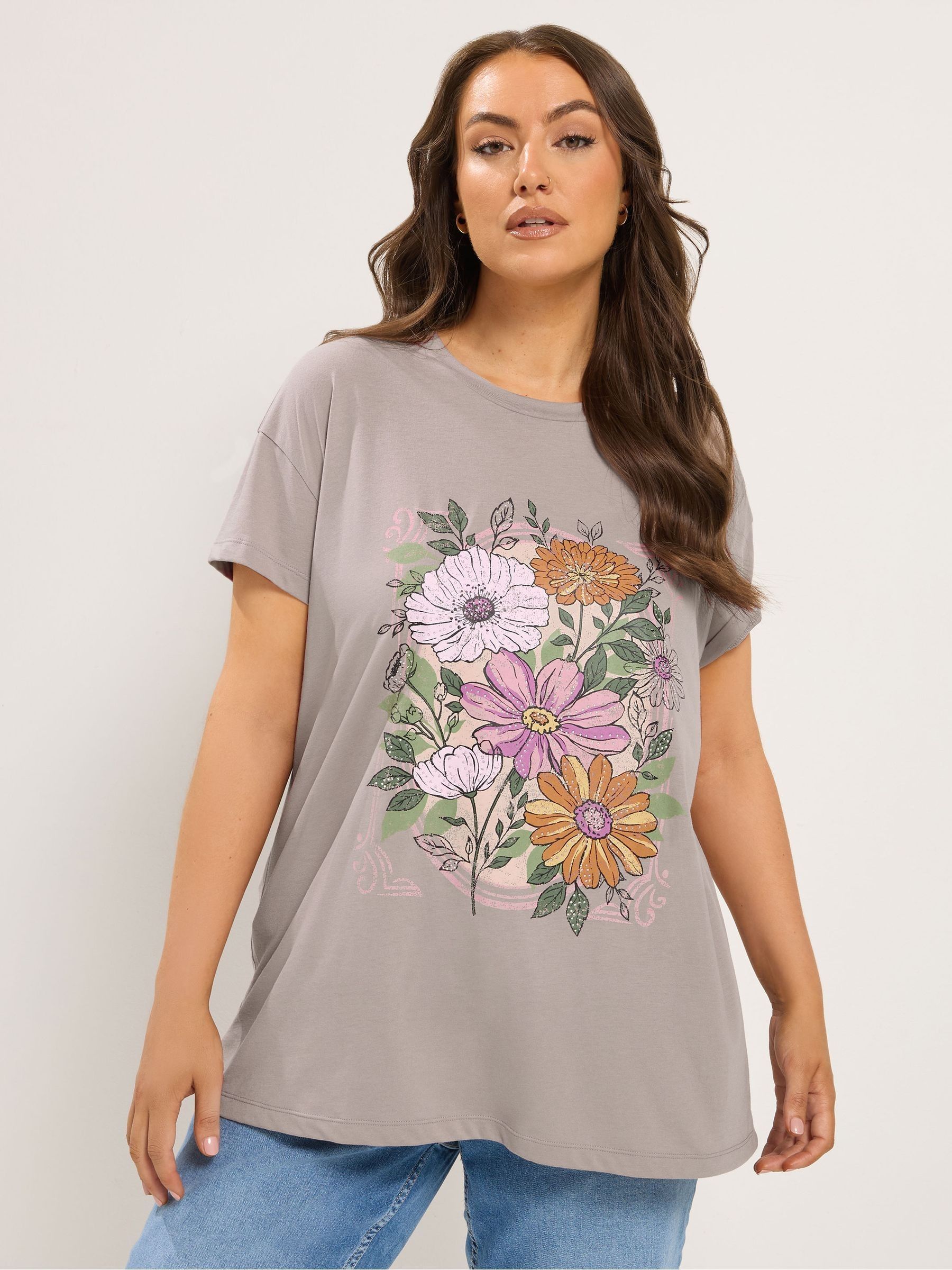 Yours Curve Women's Brown Placement Floral Stud T-Shirt