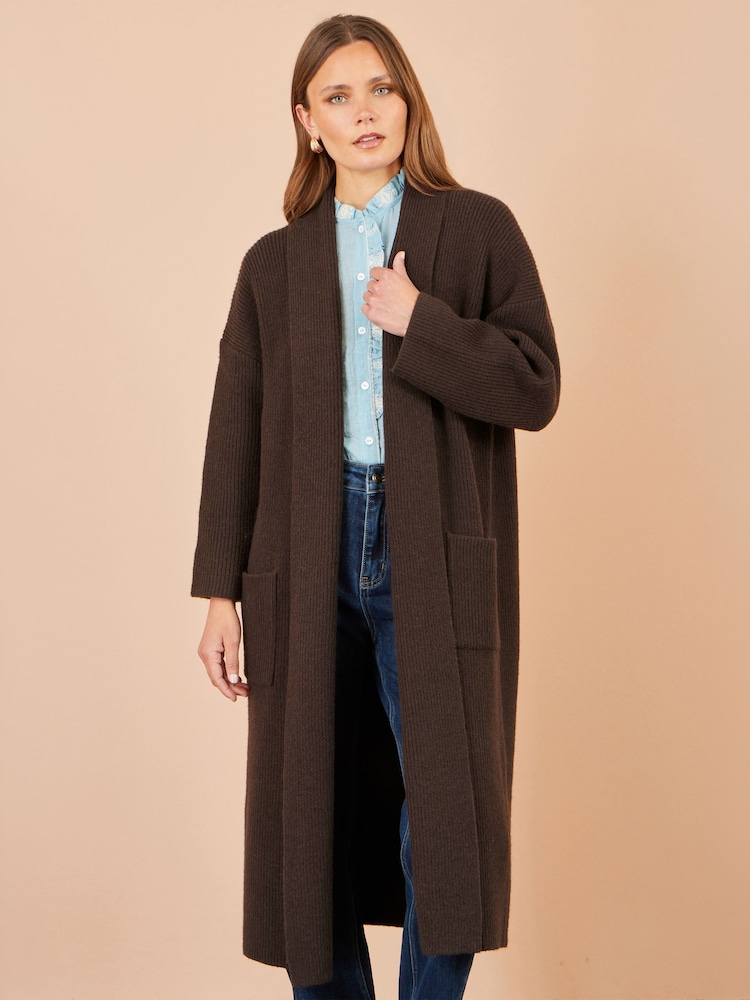 Yumi Brown Knitted Maxi Cardigan With Pockets - Image 1 of 4 Yumi Brown Knitted Maxi Cardigan With Pockets - Image 1 of 4