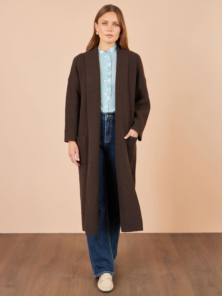 Yumi Brown Knitted Maxi Cardigan With Pockets - Image 2 of 4 Yumi Brown Knitted Maxi Cardigan With Pockets - Image 2 of 4