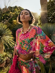 River Island Pink Del Maar Long Sleeve Floral Beaded Fringe Top - Image 1 of 4