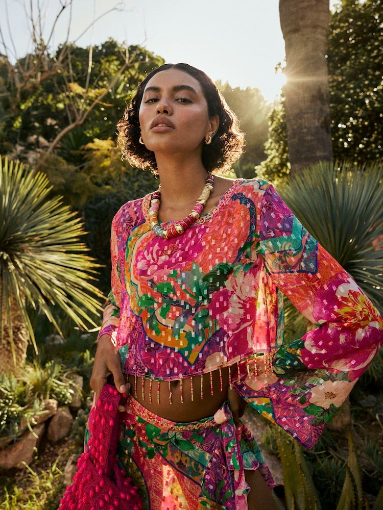 River Island Pink Del Maar Long Sleeve Floral Beaded Fringe Top - Image 1 of 4