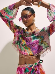 River Island Pink Del Maar Long Sleeve Floral Beaded Fringe Top - Image 2 of 4