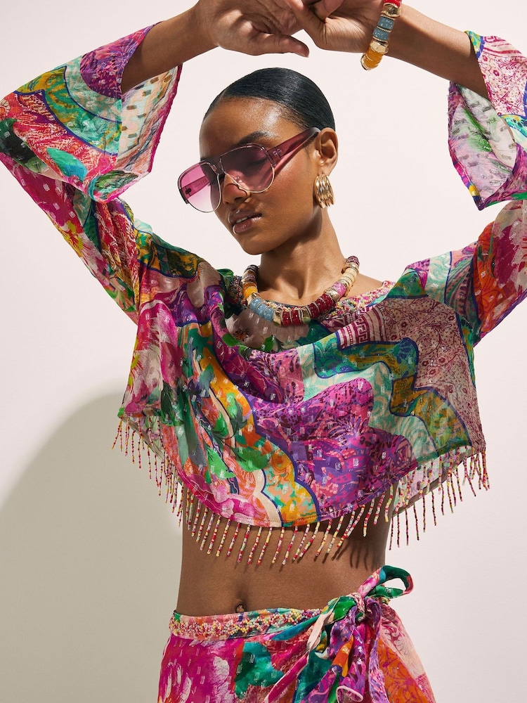 River Island Pink Del Maar Long Sleeve Floral Beaded Fringe Top - Image 2 of 4