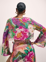 River Island Pink Del Maar Long Sleeve Floral Beaded Fringe Top - Image 4 of 4