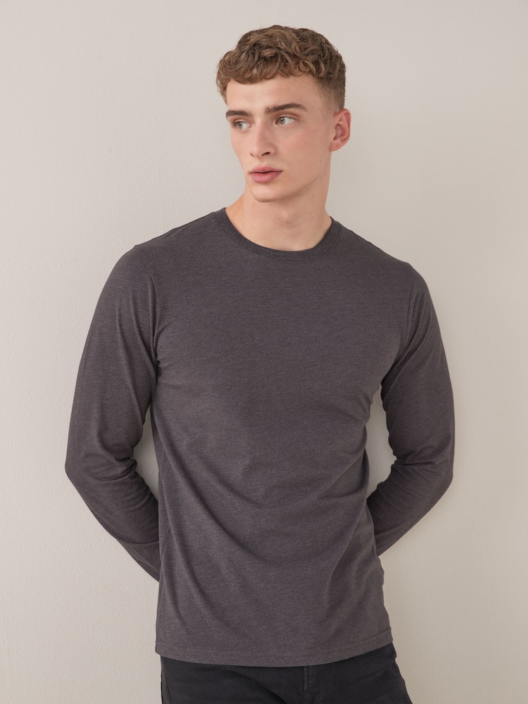 Chiné gris anthracite - Slim Fit (Slim Fit) - T-shirt à manches longues de cou d'équipage - Image 1 of 5
