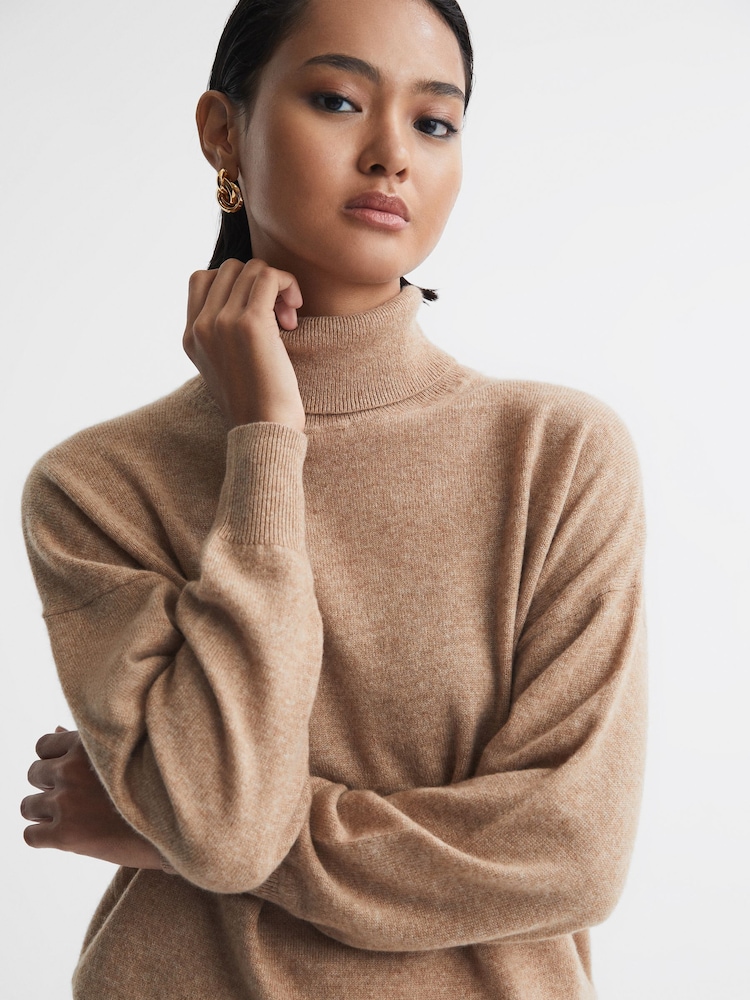 Reiss Camel Mabel Fitted Cashmere Roll Neck Top - Image 1 of 5 Reiss Camel Mabel Fitted Cashmere Roll Neck Top - Image 1 of 5