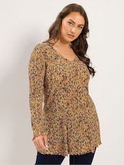 Yours Curve Orange Plisse Fluted Ditsy Floral Tunic Top - Image 1 of 6
