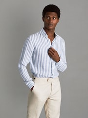 Reiss Soft Blue Herringbone Stripe Ruban Linen Button-Through Shirt - Image 1 of 6