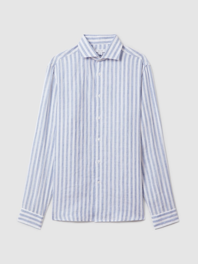 Reiss Soft Blue Herringbone Stripe Ruban Linen Button-Through Shirt - Image 2 of 6