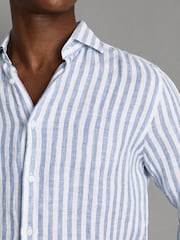 Reiss Soft Blue Herringbone Stripe Ruban Linen Button-Through Shirt - Image 4 of 6