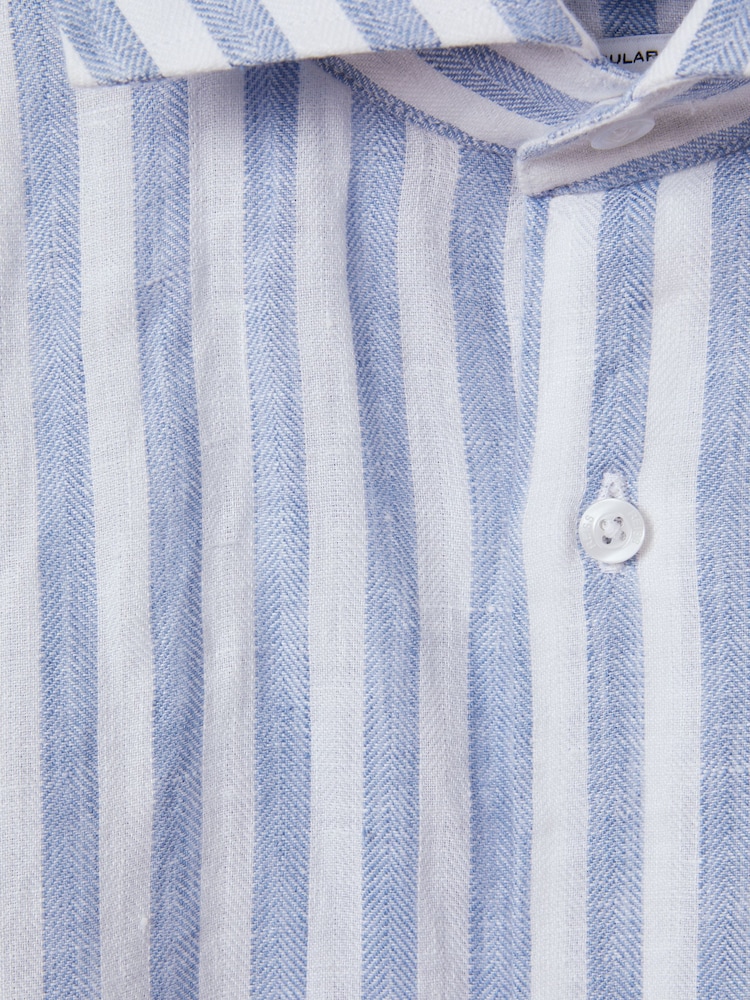 Reiss Soft Blue Herringbone Stripe Ruban Linen Button-Through Shirt - Image 6 of 6