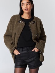 Khaki Green Teddy Borg Duffle Jacket - Image 3 of 9