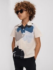 Reiss Grey/Blue Multi Parc 9-13 yrs Mercerised Cotton Cuban Collar Shirt - Image 1 of 4