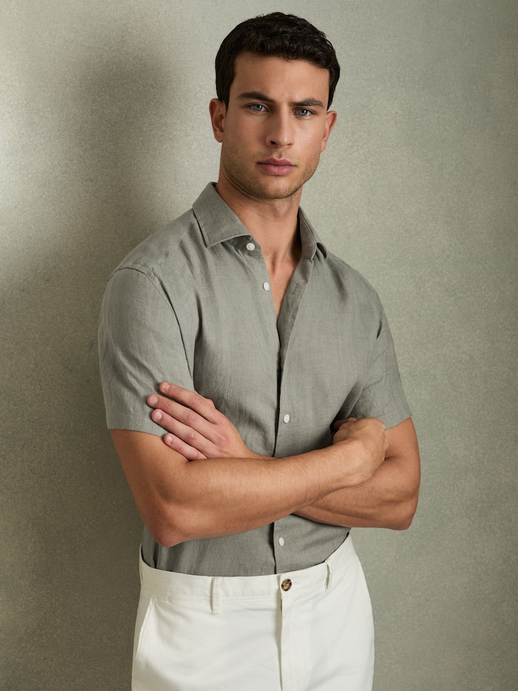 Reiss Pistachio Holiday Slim Fit Linen Button-Through Shirt - Image 1 of 6