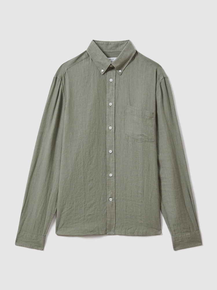 Reiss Pistachio Queens Linen Button-Down Collar Shirt - Image 2 of 6