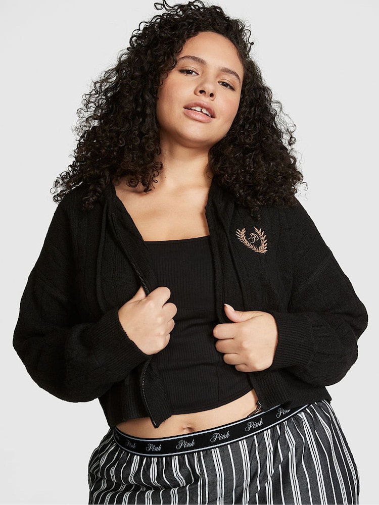 Victoria's Secret PINK Pure Black Full Zip Cable Knit Hoodie - Image 1 of 3 Victoria's Secret PINK Pure Black Full Zip Cable Knit Hoodie - Image 1 of 3