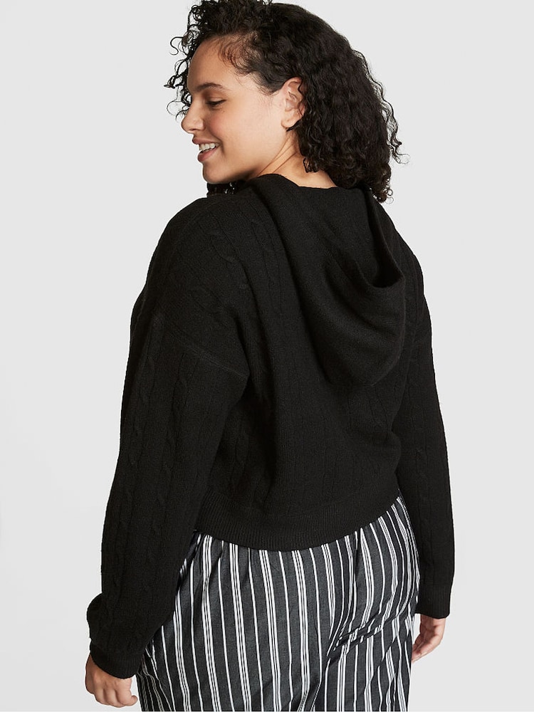 Victoria's Secret PINK Pure Black Full Zip Cable Knit Hoodie - Image 2 of 3 Victoria's Secret PINK Pure Black Full Zip Cable Knit Hoodie - Image 2 of 3