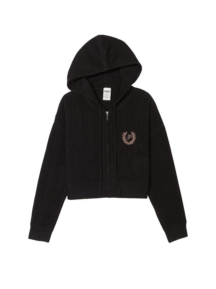 Victoria's Secret PINK Pure Black Full Zip Cable Knit Hoodie - Image 3 of 3 Victoria's Secret PINK Pure Black Full Zip Cable Knit Hoodie - Image 3 of 3
