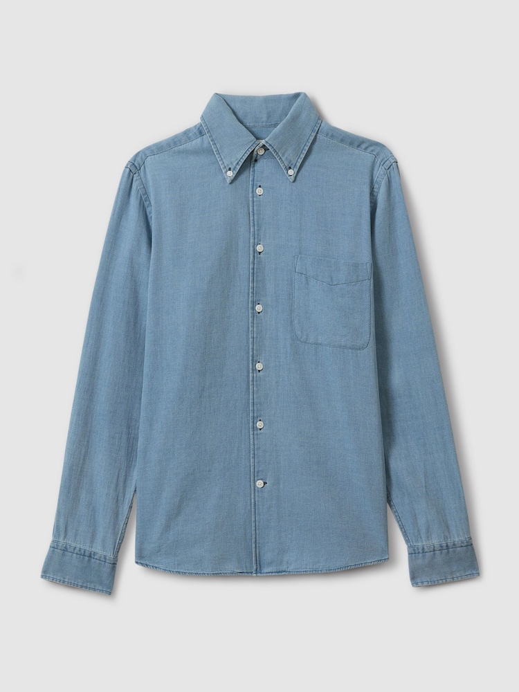 Reiss Washed Blue Minoa Chambray Pique Button-Through Shirt - Image 2 of 5